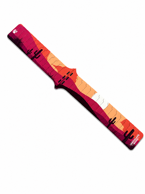 Angled view of the Pink Horizon silicone magnetic Apple Watch band with vibrant pink mountain landscape artwork.