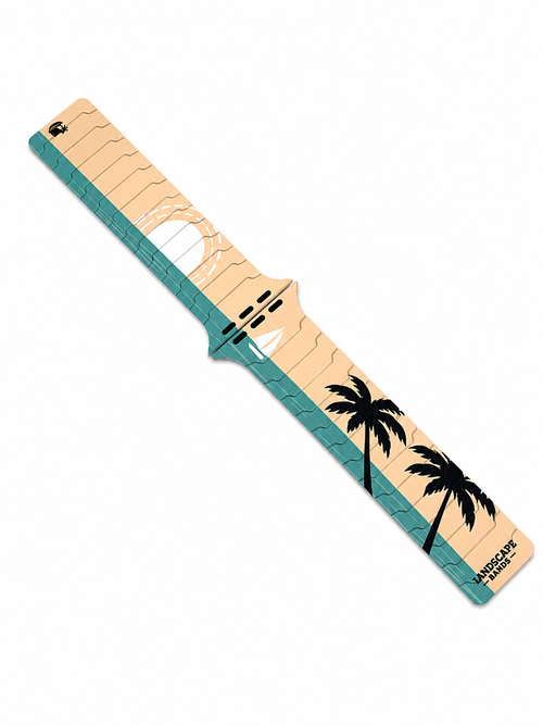 Angled view of the Coastal Breeze silicone magnetic Apple Watch band with beach and ocean landscape artwork.