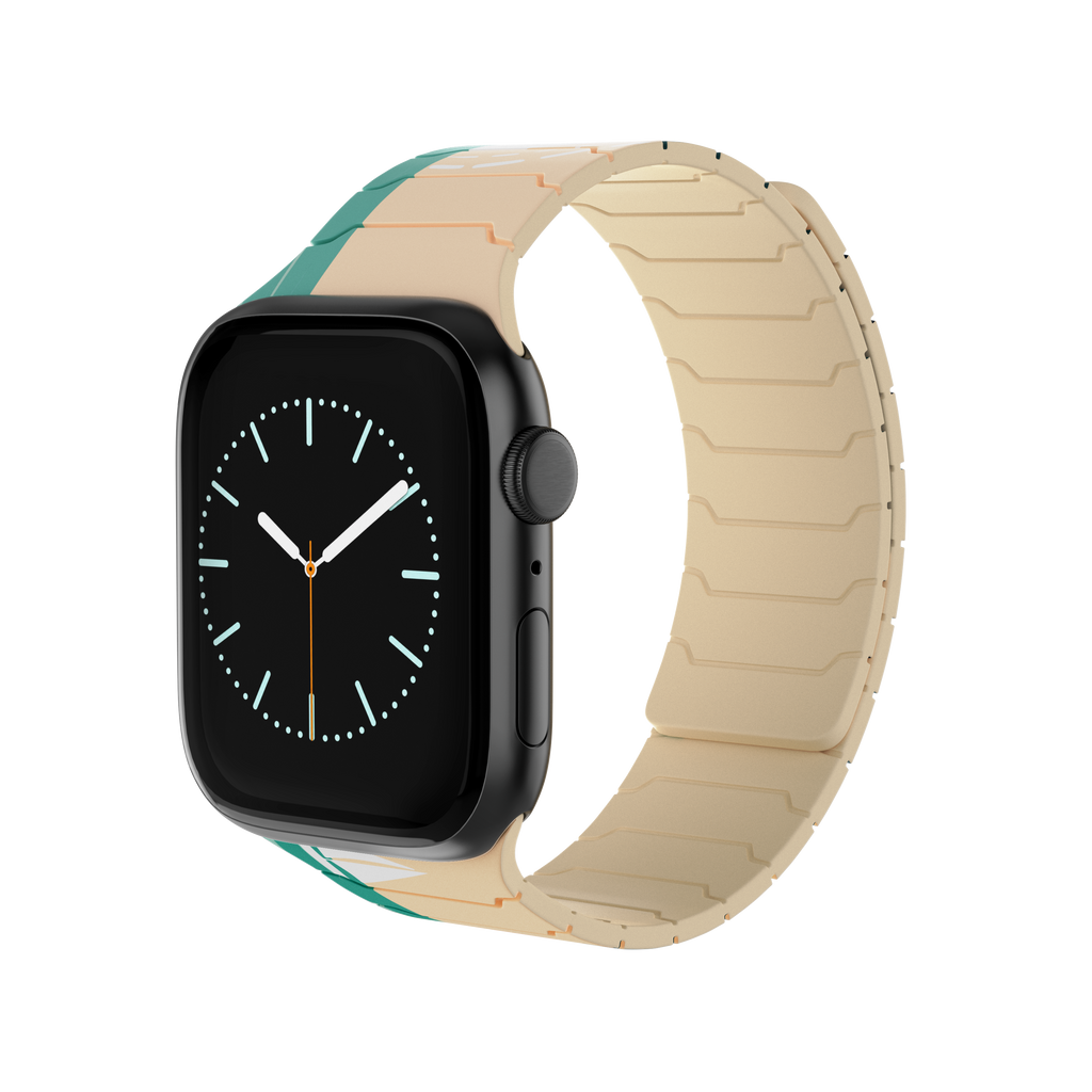 Magnetic Apple Watch with the Coastal Breeze silicone band featuring a coastal ocean landscape design.