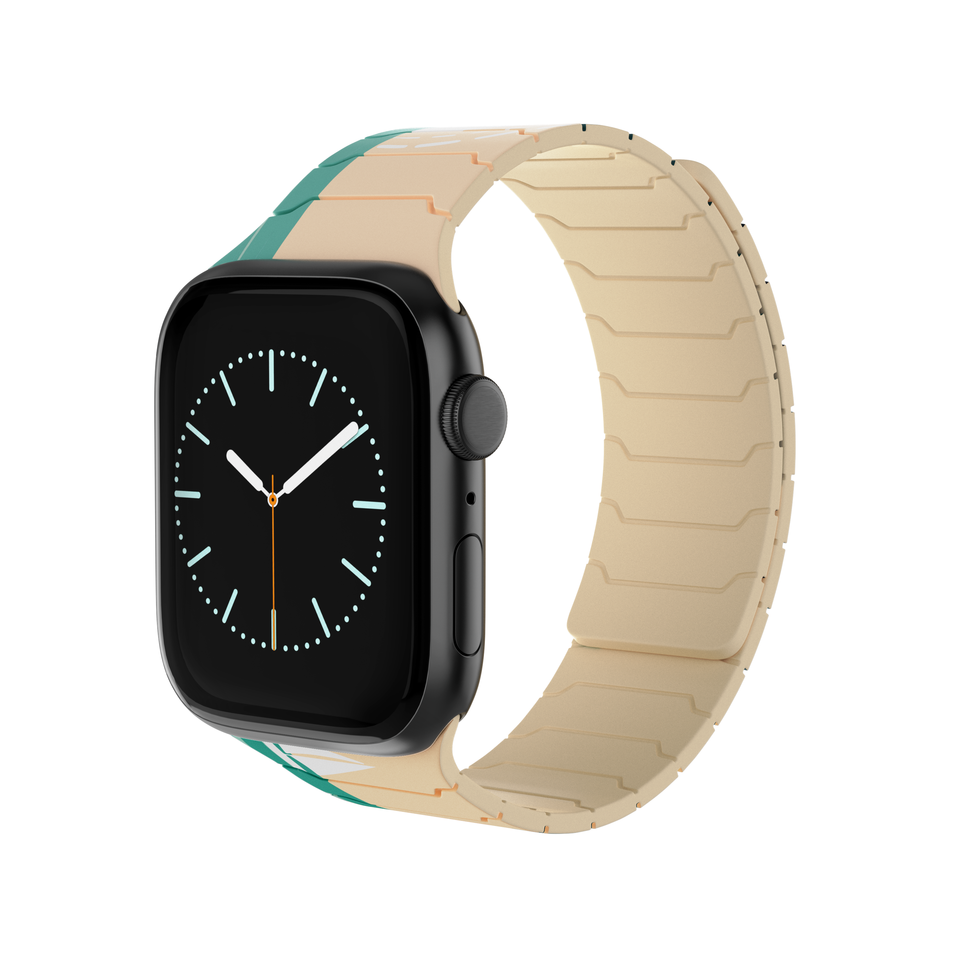 Magnetic Apple Watch with the Coastal Breeze silicone band featuring a coastal ocean landscape design.