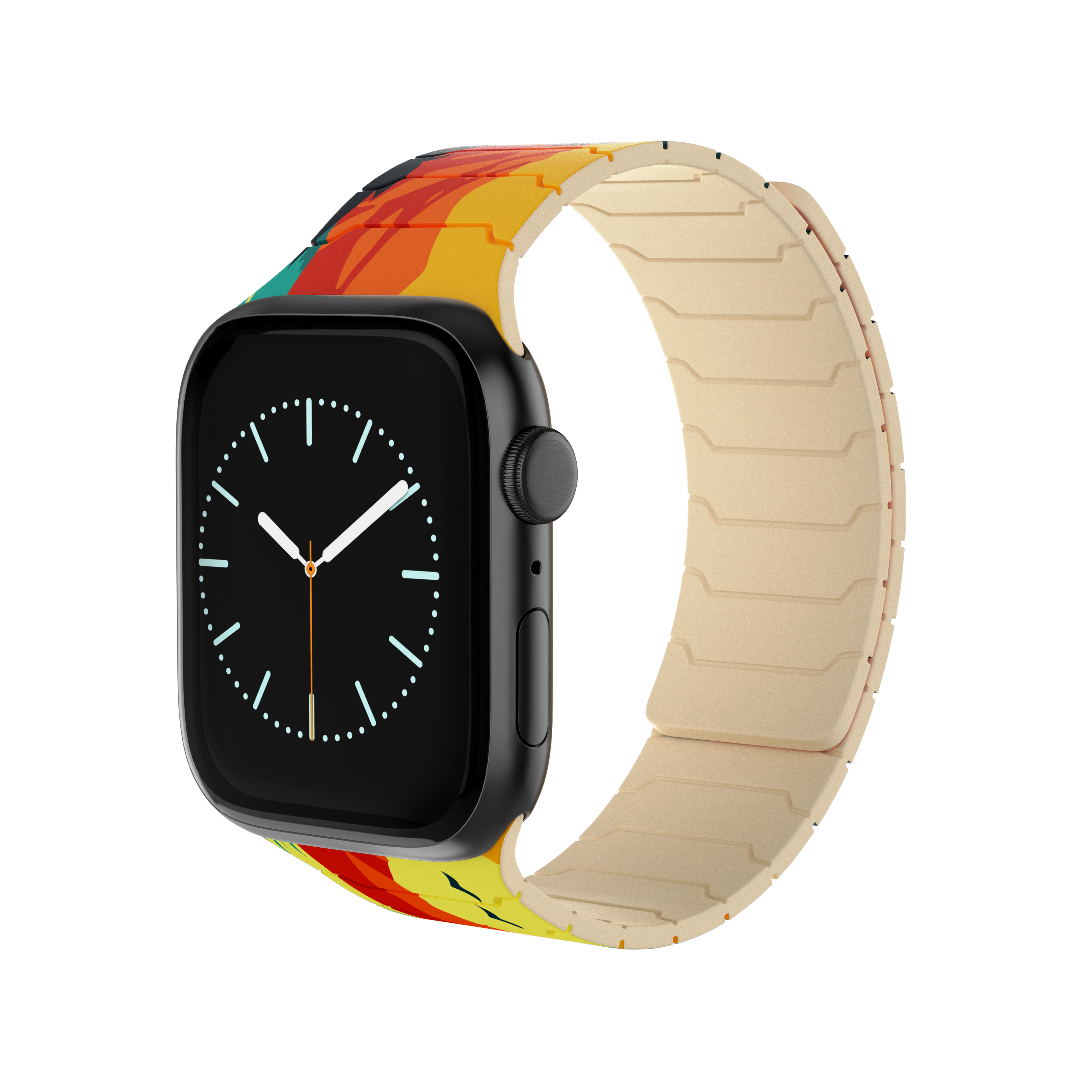 Magnetic Apple Watch with the Sunset Oasis silicone band featuring a vibrant desert sunset landscape design.