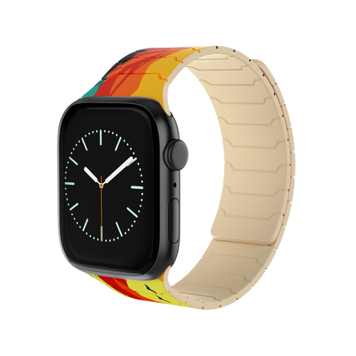 Magnetic Apple Watch with the Sunset Oasis silicone band featuring a vibrant desert sunset landscape design.