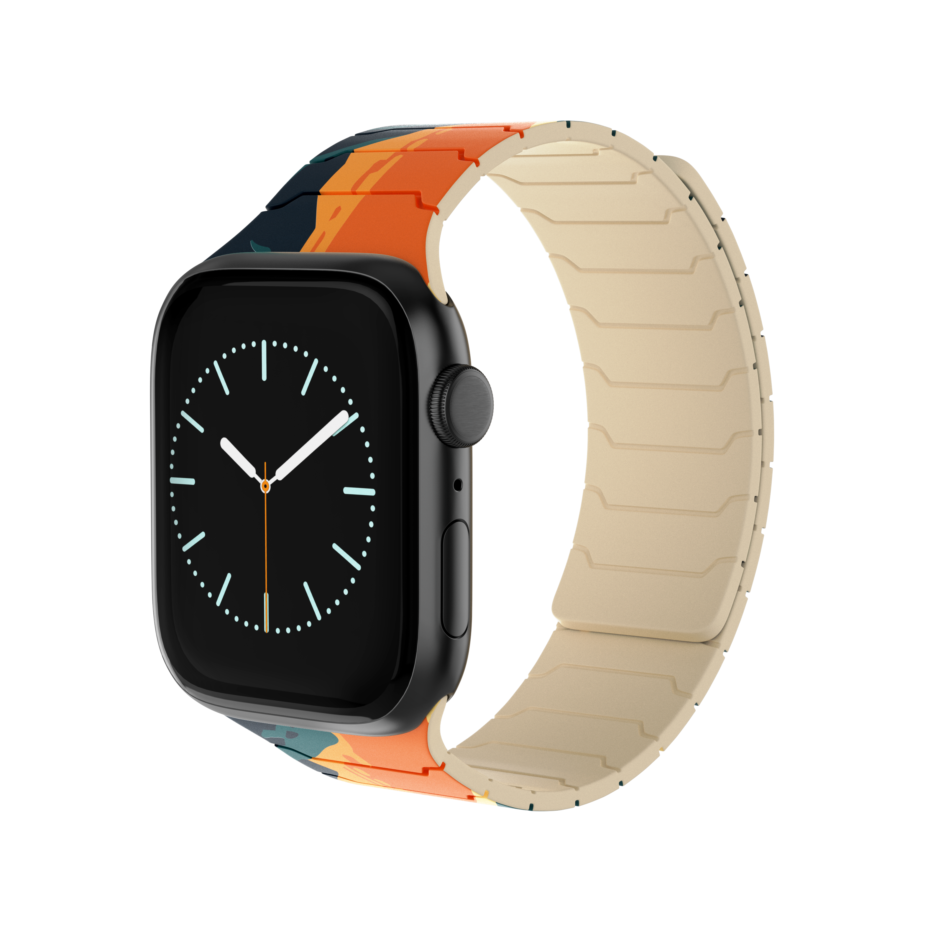 Magnetic Apple Watch with the Tropic Dusk silicone band featuring a colorful sunset landscape design.