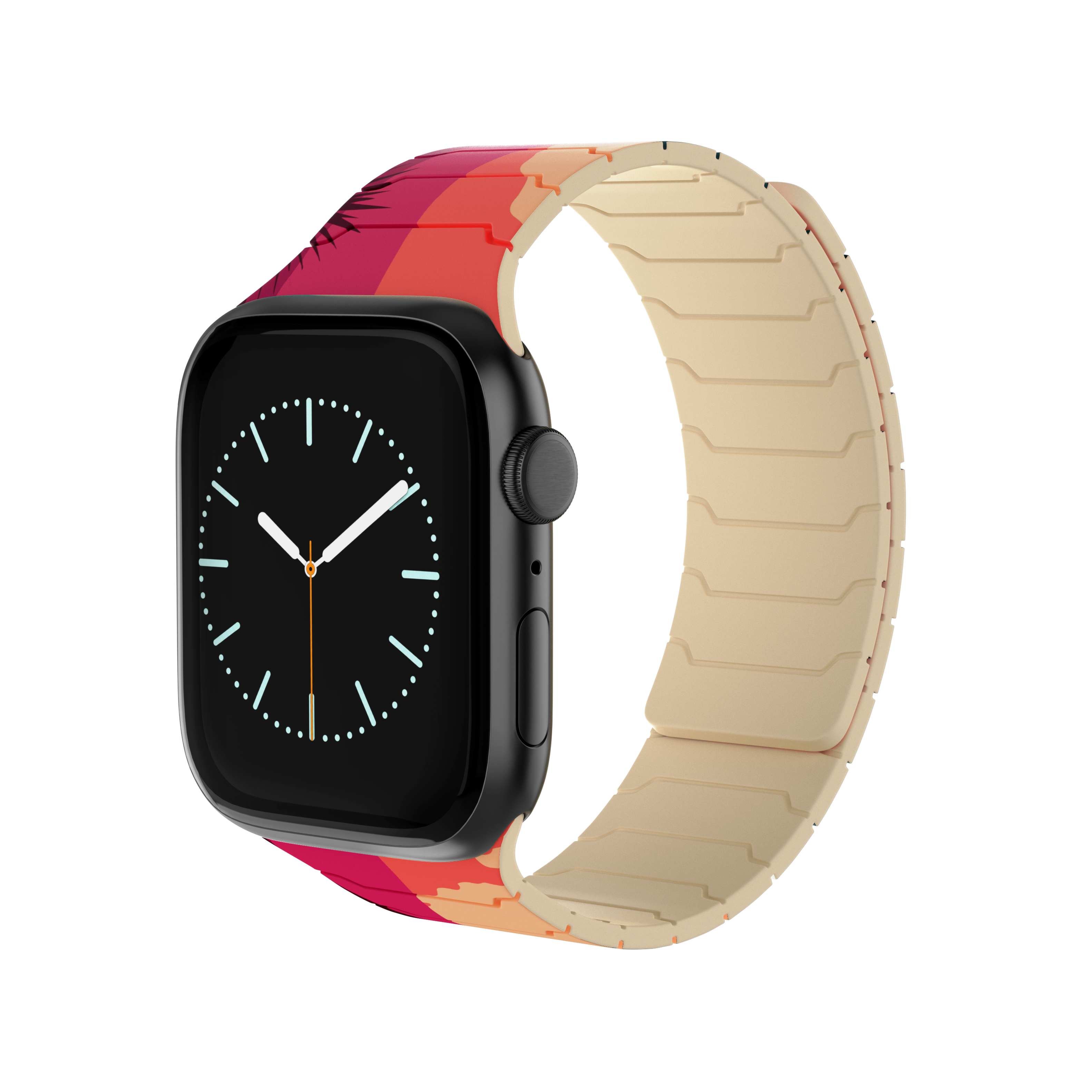 Magnetic Apple Watch with the Pink Horizon silicone band featuring a vibrant mountain sunset landscape design.