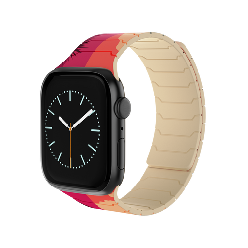 Magnetic Apple Watch with the Pink Horizon silicone band featuring a vibrant mountain sunset landscape design.